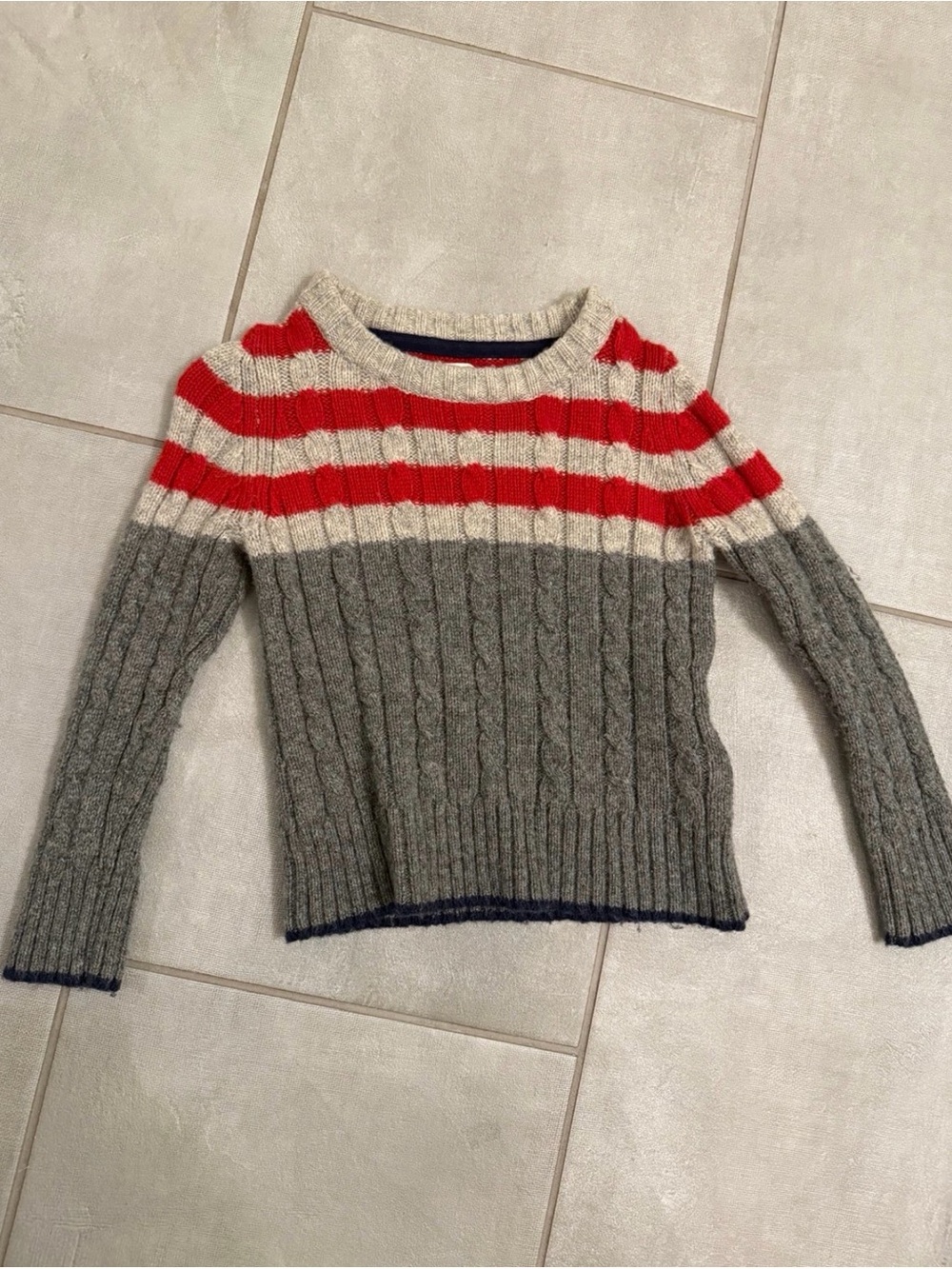 Mini Boden Boys Wool Cable Knit Sweater Gray Red Stripe 2-3Y